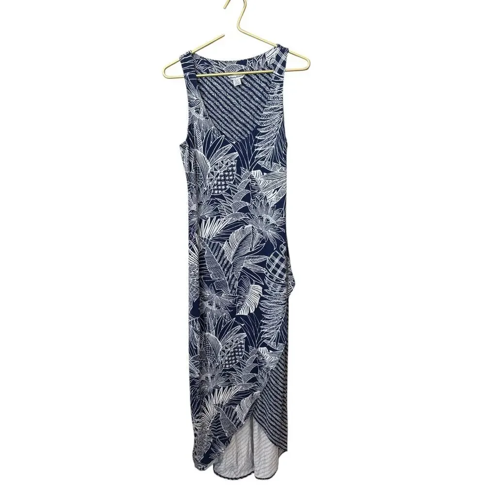 TOMMY BAHAMA Navy White Chevron Leaf Maxi Dress S Tulip High Low Hem Shell EUC - Picture 2 of 6